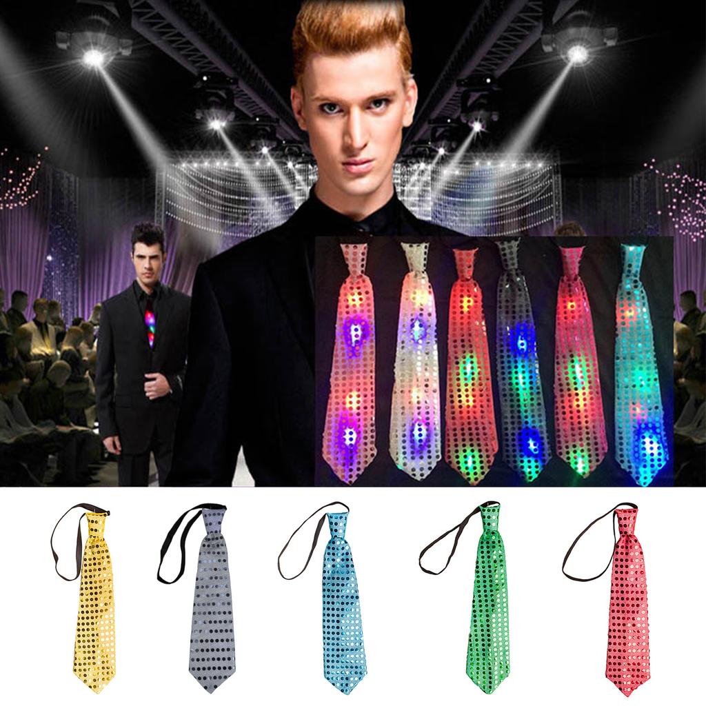 Electric LED Light Up Shinning Sequins Tie Luminous Glitter Paillette Necktie Pre-Tied Neck Wear Party Club Neckwear