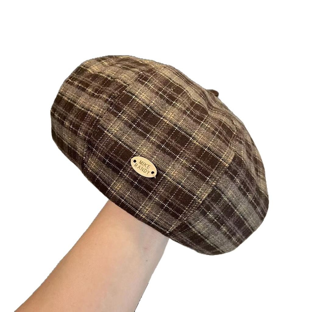 Plaid Painter's Hat Women's Autumn and Winter Retro Face showing Small Octagonal Hat Autumn and Winter Warm and Fashionable Beret Hat