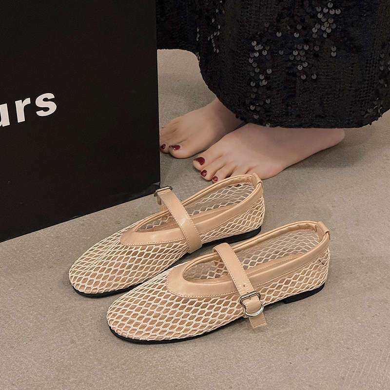 Mesh Shoes Women's Breathable Sandals Summer New French Temperament Flat Bottom Hollow Mary Jane Single Shoes