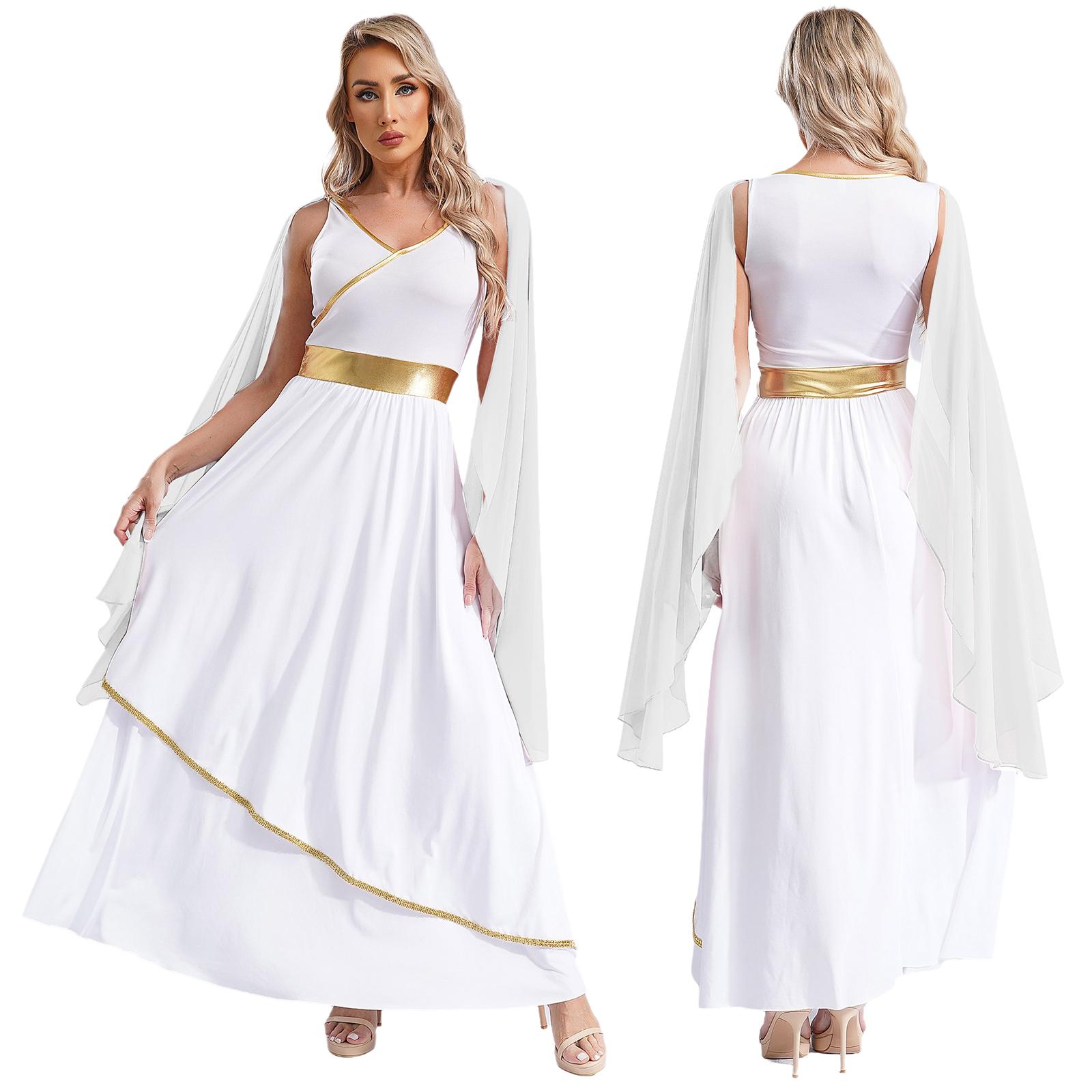 Costumes de Déesses Toge Grecque Antique pour Femmes Fête Halloween Col V Sans Manches Bordures Dorées Toge Grèce Romaine Reine Robe Cosplay S blanc