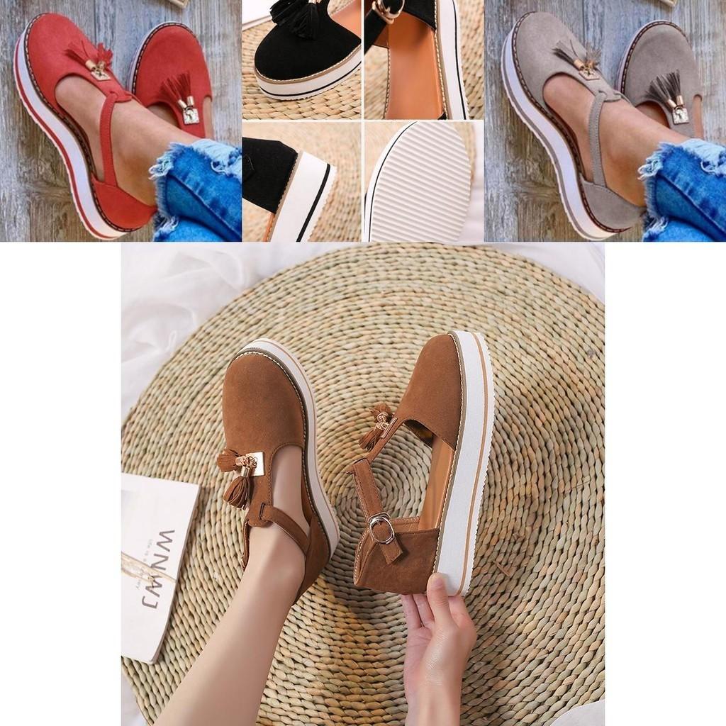 Chaussures élégantes pour femmes à franges et bout rond, ballerines décontractées avec bride en T, design gladiateur