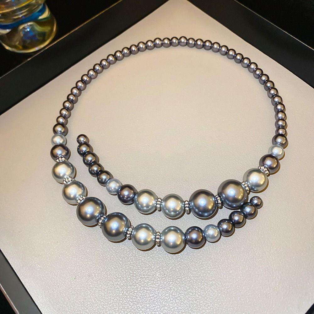 Temperament Glass Pearl Openning Necklace Grey Choker Neck Accessories  Birthday