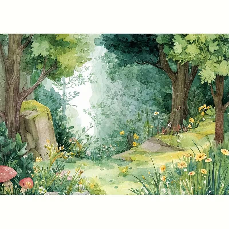 2D Magical Forest Photography Backdrop, Watercolor Green Woodland Background Cloth for Studio & Party Decoration