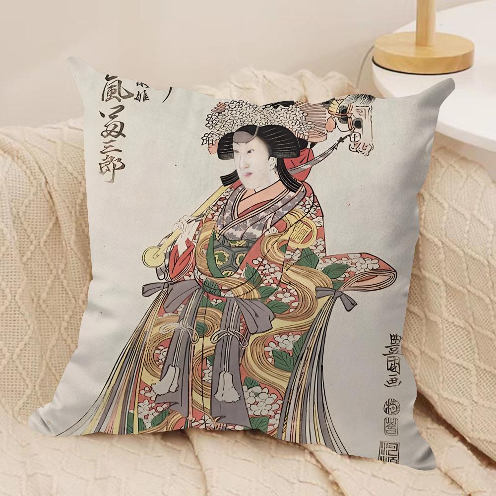Retro Japanese Geisha Cushion Cover Silky Short Plush Invisible Zipper Dustproof Sofa Pillow Case For Home Decor