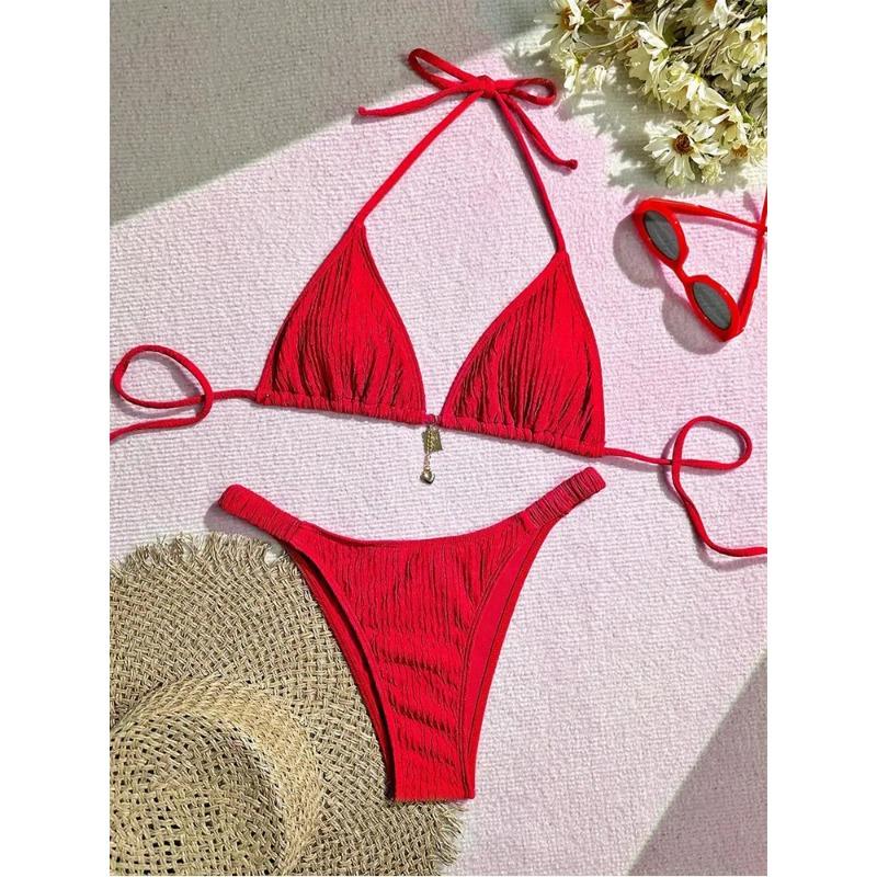 Розовый текстурированный треугольный бикини-комплект с подвеской, стринги, купальник из двух частей XS красный