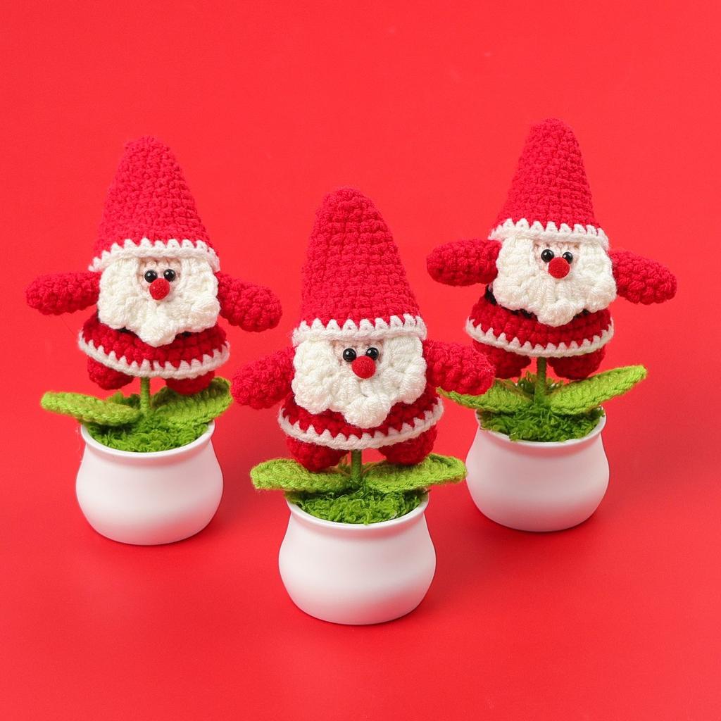 Creative Crochet Santa Claus Potted Christmas Home Decoration Handmade Wool Knitted Santa Claus Doll Potted Xmas Party Gifts
