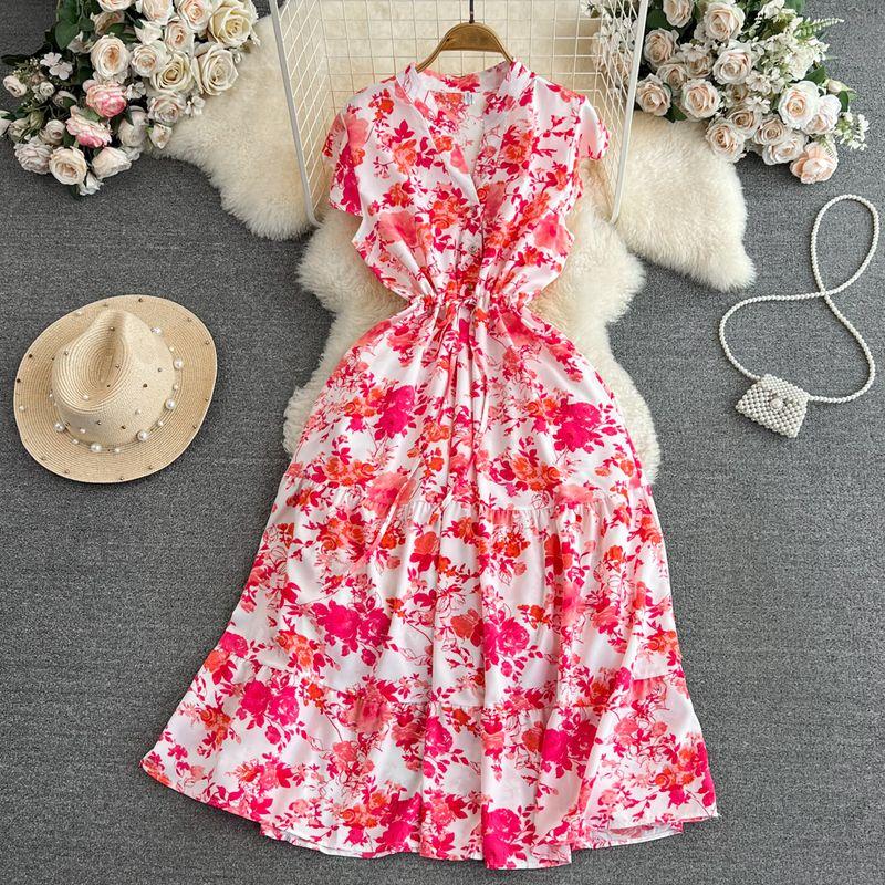 

Accessible Luxury Flying Sleeves V Neck A- line Elegance Print Dress Pink on white background All yards