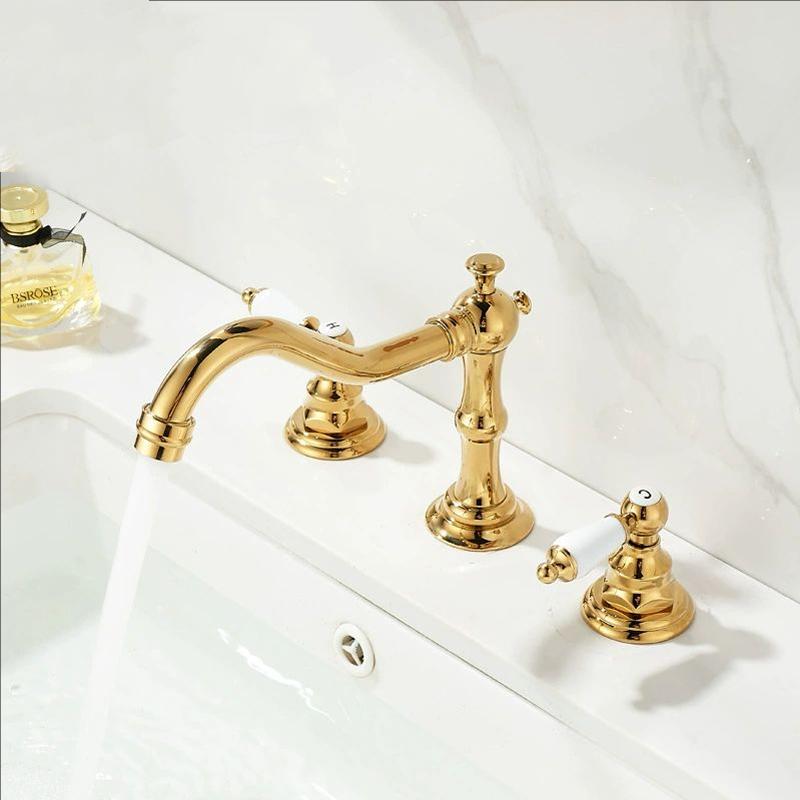 Złoty Chrom Mosiądz Bateria Umywalkowa Mieszak Bateria Kuchenna Antyczna Czarna Podwójne Uchwyty 3 otwory Bateria Wannowa