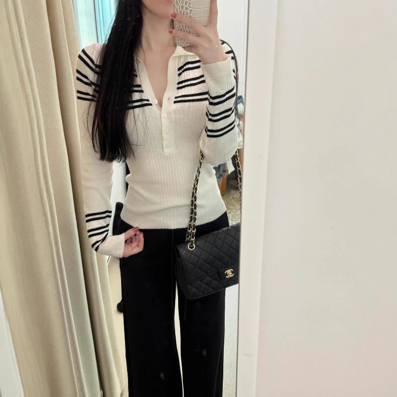 Striped Semi-open Neck Pullover Long-sleeved Polo Knitted Sweater Women's Spring and Autumn New Slim-fitting and Thin Bottoming Top