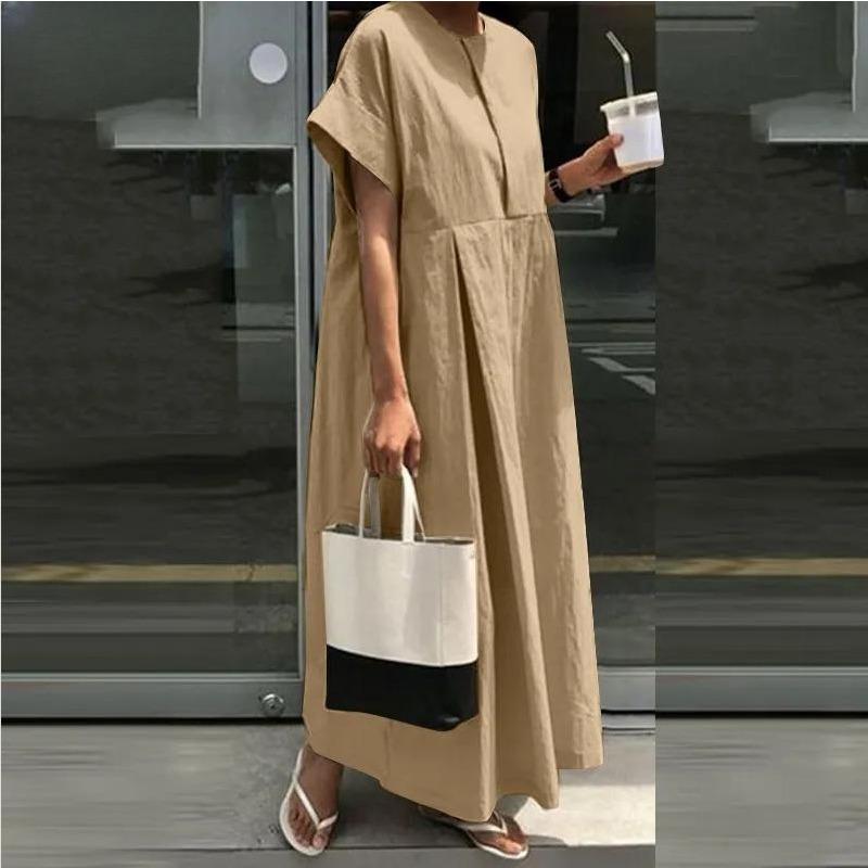 BITCED Fashion Summer Spring O-Neck Short Sleeve Solid Color Print Casual Dresses S