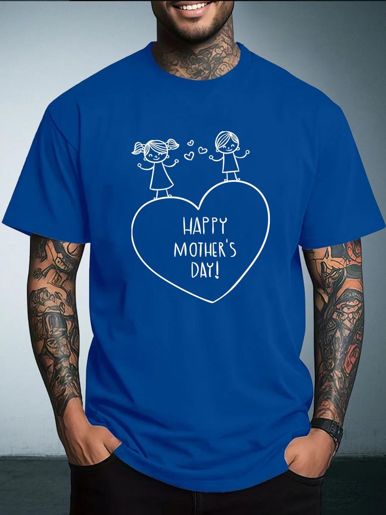 Unisex White Short Sleeve Tee Heart Two Kids Stick Figure Happy Mothers Day Text Graphic Crew Neck Loose Casual Male Daily Tops