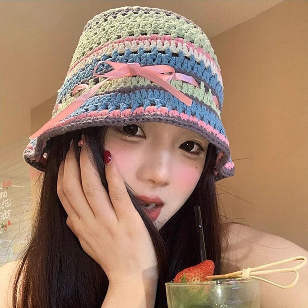Handmade Knitted Bucket Hats Bow Ribbon Weave Hats Versatile Hollow Basin Cap  Streetwear
