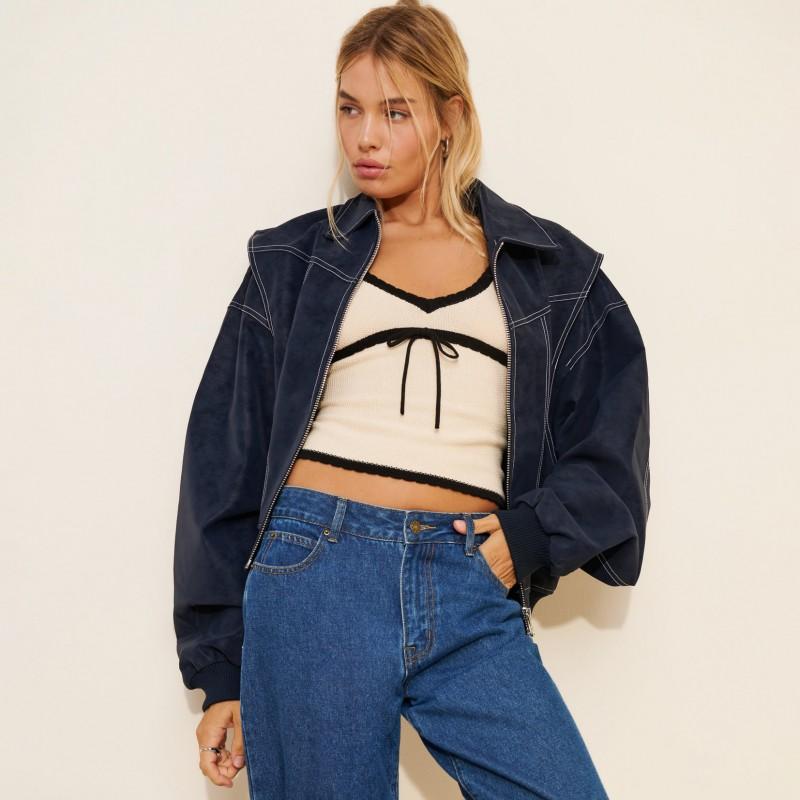 Vintage Faux Leather Jacket Loose Drop Shoulder Zip Up Streetwear Cropped Coat Women