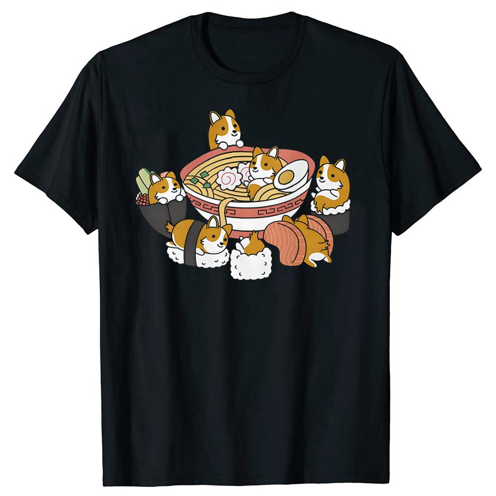 Ramen Sushi Corgi Dog Customized Camisa Top TShirts Tees Coupons Pure Cotton Casual Tshirts Printing Boy