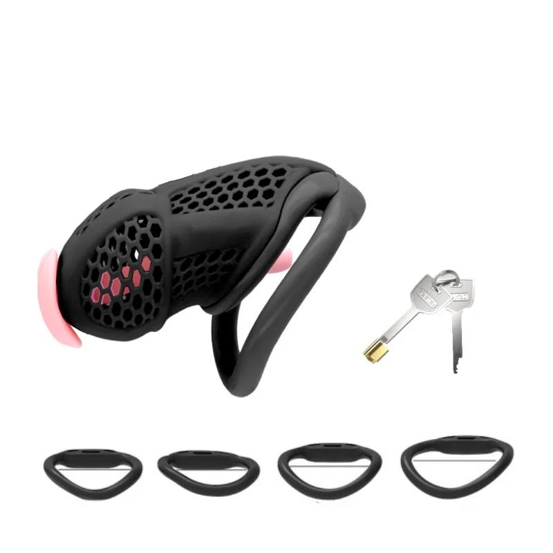 2025 New Male Chastity Cage Embedded Small Lock with Soft Silicone Catheter and 4 Size Cock Rings Adult Abstinence Sex Toys for Men Intimate Pleasure 