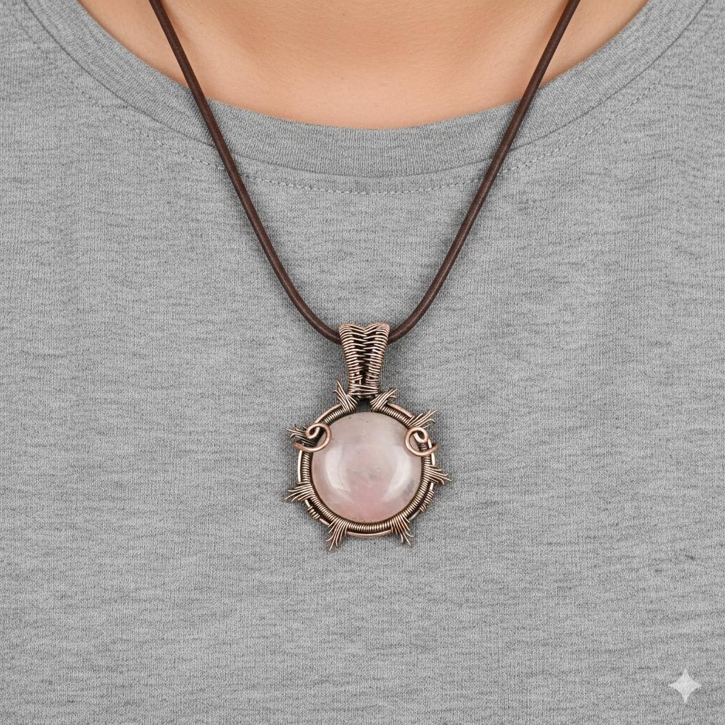 Rose Quartz Gemstone Pendant  Copper Wire Wrapped Jewelry Unique Boho Healing Stone Pendant for Women