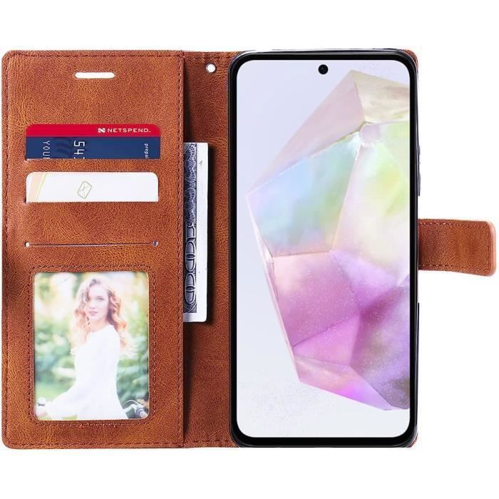 Coque de protection - Booling - pour Samsung Galaxy A35 5G - Cuir PU - Marron - Antichoc avec porte-cartes