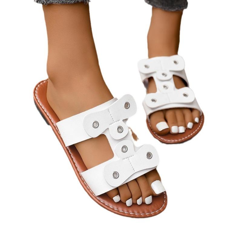 Large size lightweight open-toed flat-bottomed slippers women wear one-word retro beach cool slippers slippers