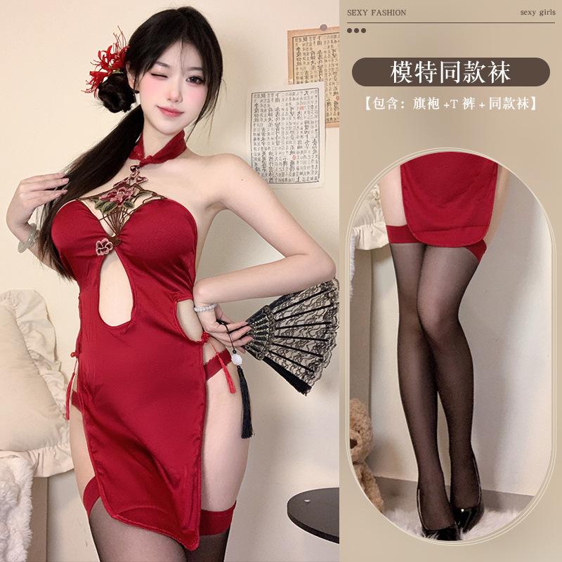 Sexy underwear, antique peony embroidery flag neck robe, bright red bride lace-up hollow nightdress, uniform temptation