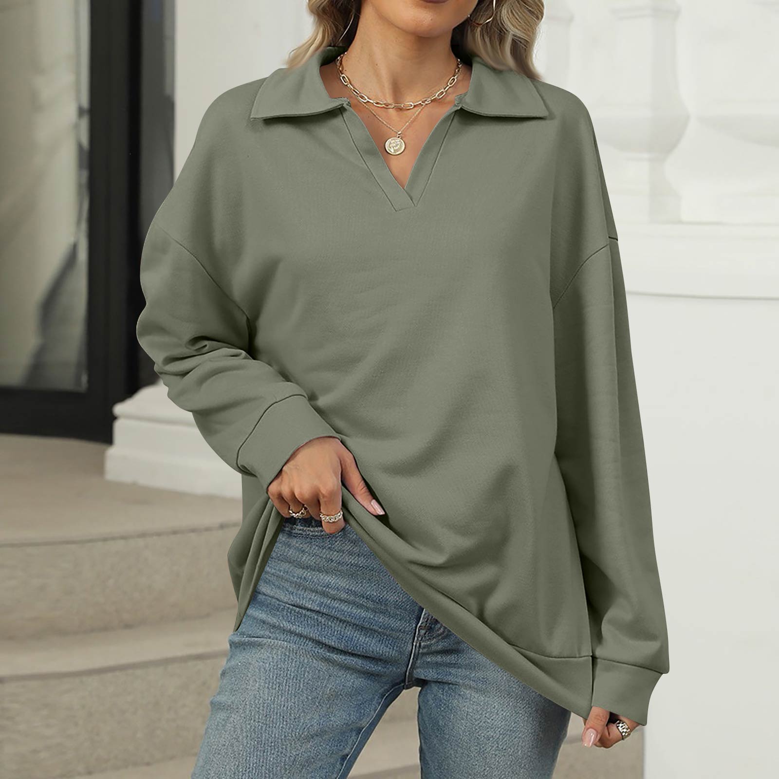 

Женский модный свитшот оверсайз однотонный с V-образным вырезом и длинным рукавом, повседневный топ XXL