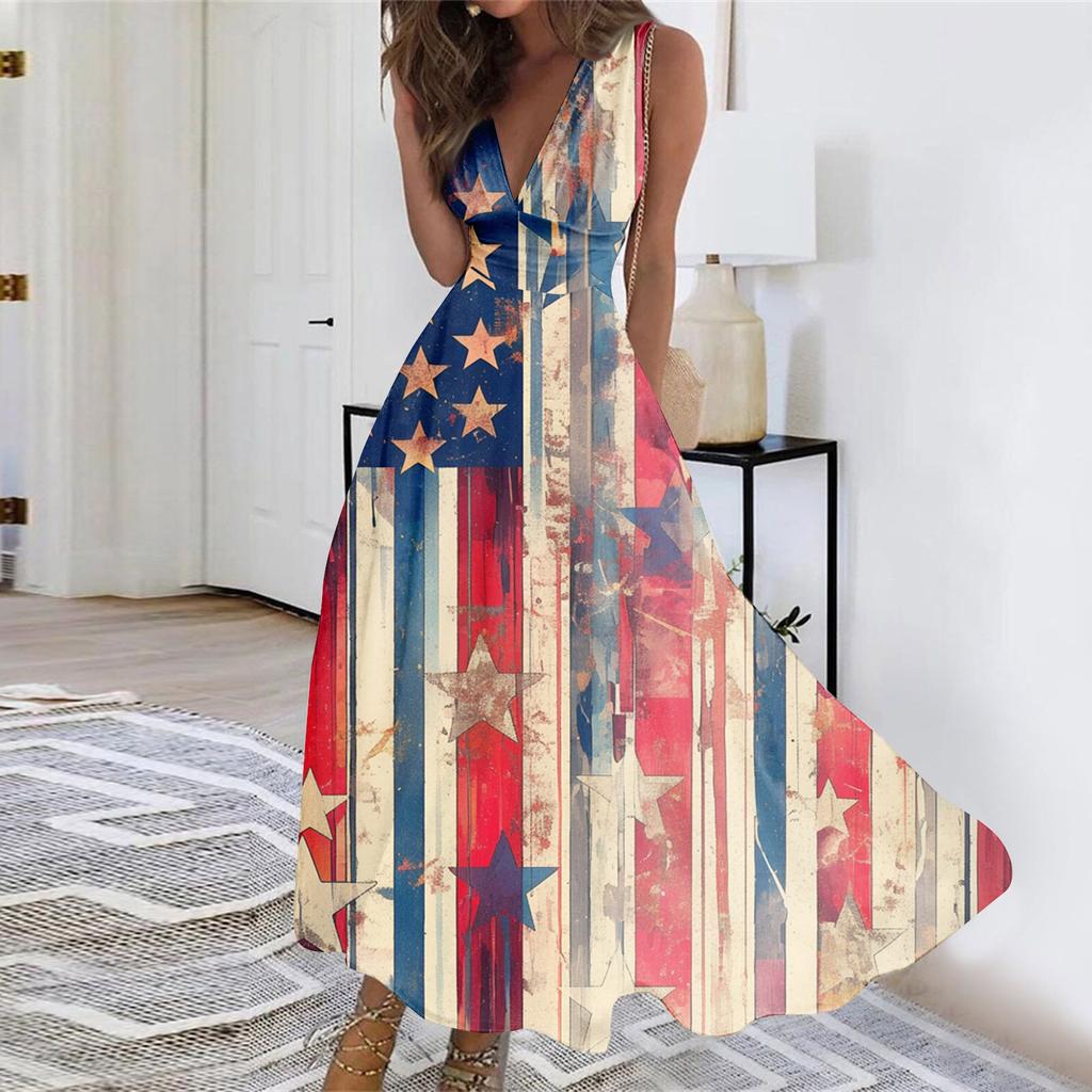 Women's Sleeveless V Neck Waist Tie Casual Maxi Dress with Printed Pattern for Summer Holiday Party Beach Outings