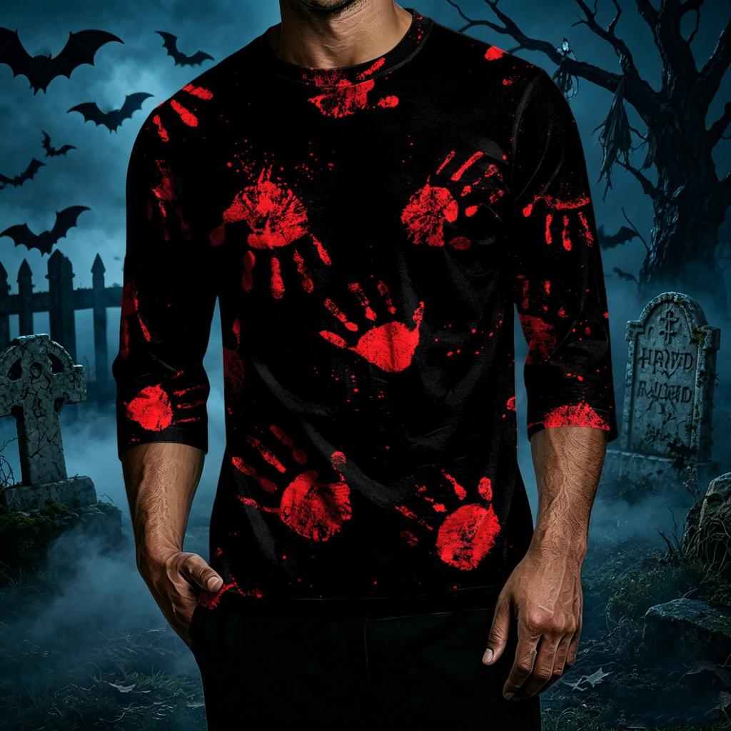 Men Casual Halloween Printed Crew Neck Three Quarter Sleeve T Shirt Comfortable Fit Soft Fabric Novelty Top for Holiday