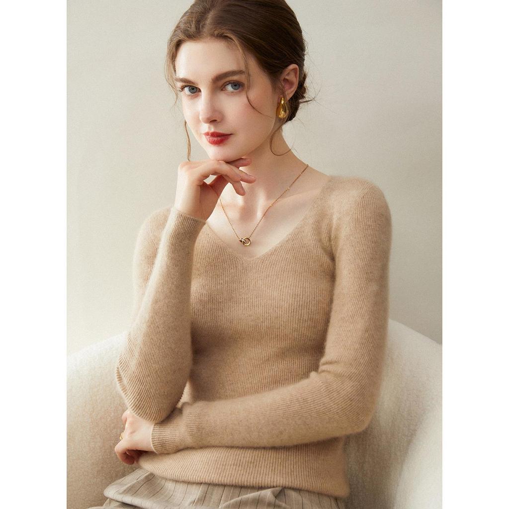 V-Neck Slim Fit Women's Cashmere Sweater - 100% Pure Goat Cashmere, 2025 New Autumn/Winter Collection.
