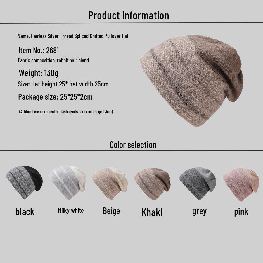 Korean Colorblock Rabbit Fur Fleece-Lined Beanie with Ear Protection – Elegant Women's Knit Hat for Cold Weather