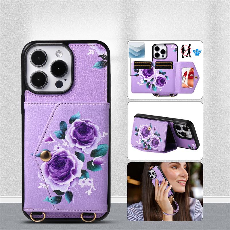 Flower Crossbody Card Holder Case with Lanyard for iPhone 13, 14, 16, 17 Pro