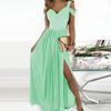 Summer  V-neck Printed Long Dress Temperament Sleeveless Split Sexy Dress Casual Folds Elastic Waist Off Shoulder Dress 26190