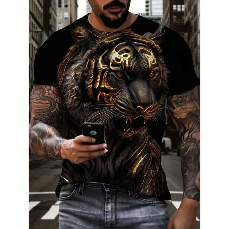 Men's Summer Loose Casual Round Neck Short Sleeved Men's Striped 3D Animal T-shirt Top S-6XL