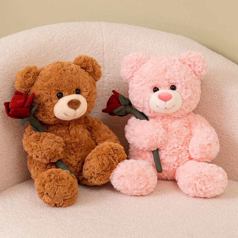 30cm Creative Cartoon Rose Bear Plush Doll Brown Pink Curly Animal Bear Plush Toy Home Decor Valentine's Day Gift for Girlfriend