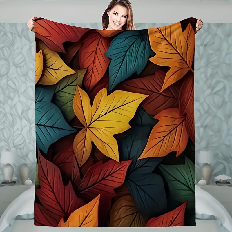 One Piece Maple Leaf Pattern Flannel Blanket, Soft, Warm, Lightweight, Machine Washable, Knitted, All Season, Multi-purpose