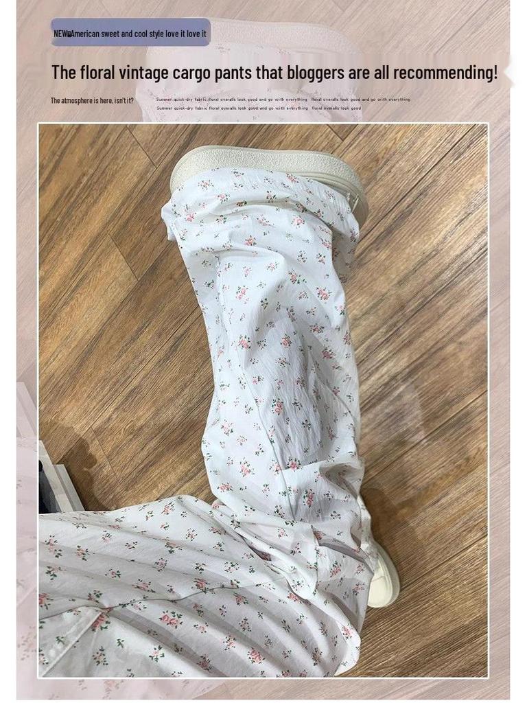 Pantaloni Cargo Largi de Vară/Primăvară 2025 pentru Femei, din Mătase de Gheață Florală: Stil Sportiv Retro Lejer