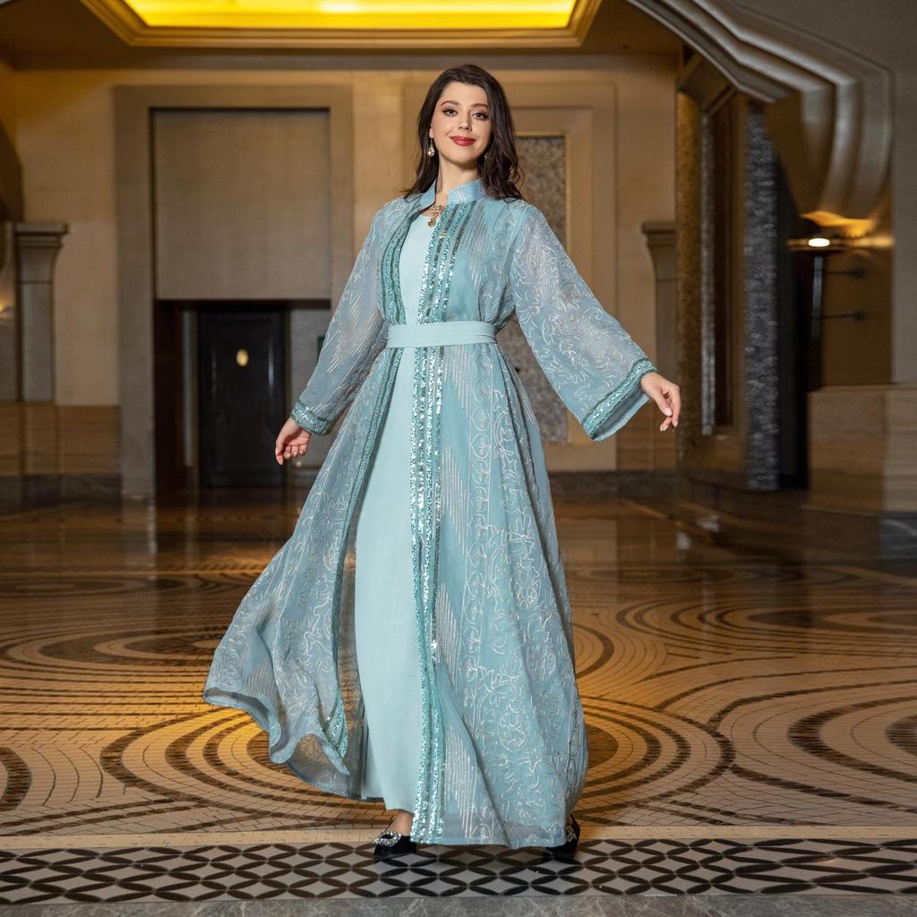 AB333 Elegant Middle Eastern Two-Piece Robe Set with Belt - Dubai Long Cardigan Dress