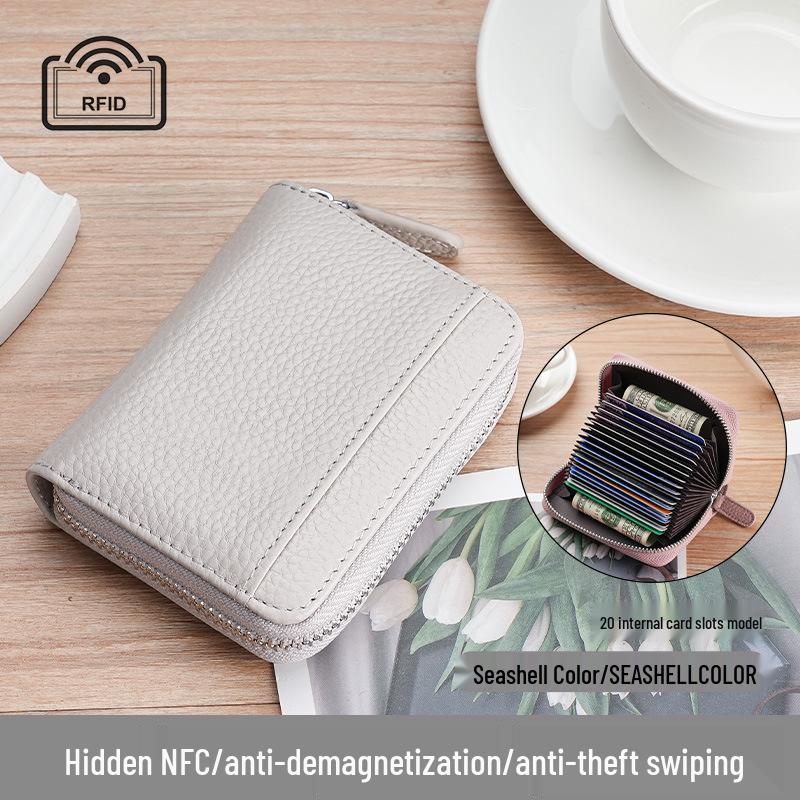 Women's Genuine Leather Zipper Card Holder - Anti-Demagnetization Multi-Slot Accordion Style