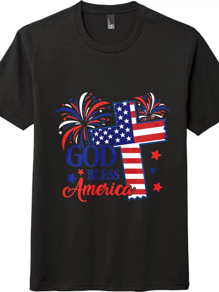 "God Bless America" Patriotic Cross T-Shirt - Unisex US Flag & Fireworks Tee