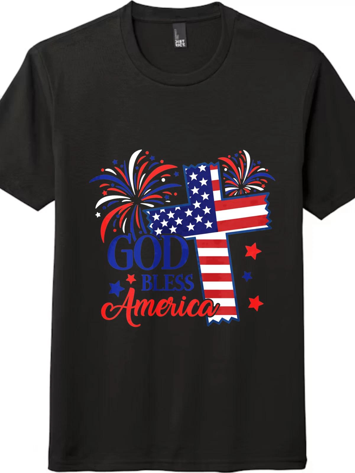 God Bless America Patriotic Cross T-Shirt - Unisex US Flag & Fireworks Tee 3XL