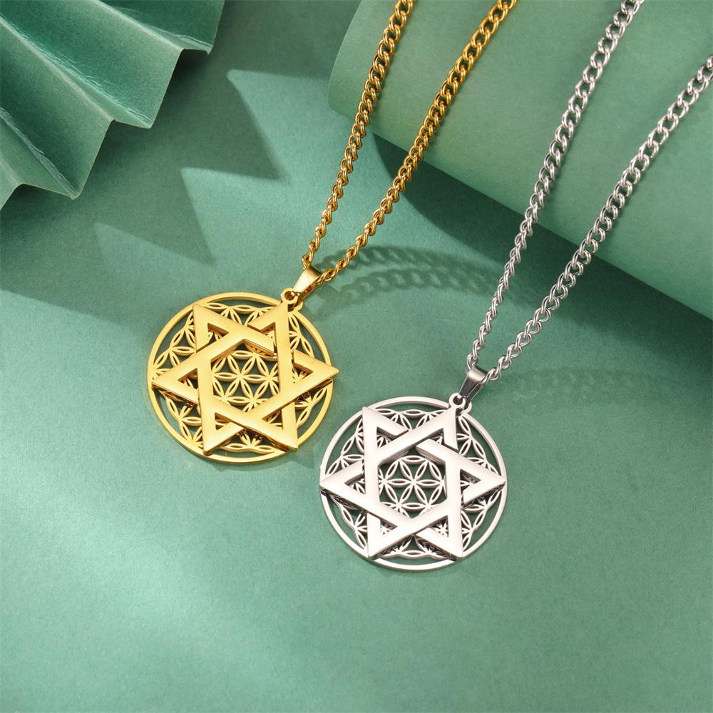 My Shape Flower of Life Star of David Pendant Necklace for Women Men Je Six-pointed Star Charm Chain Stainless Steel Jewelry