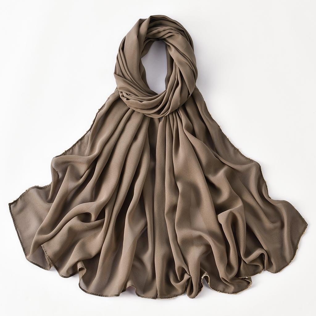 Muslim Chiffon Hijab Women Glitter Chain Edge Premium Chiffon Scarf Solid Color Plain Shawl Unique Edge Design Headscarf Wraps
