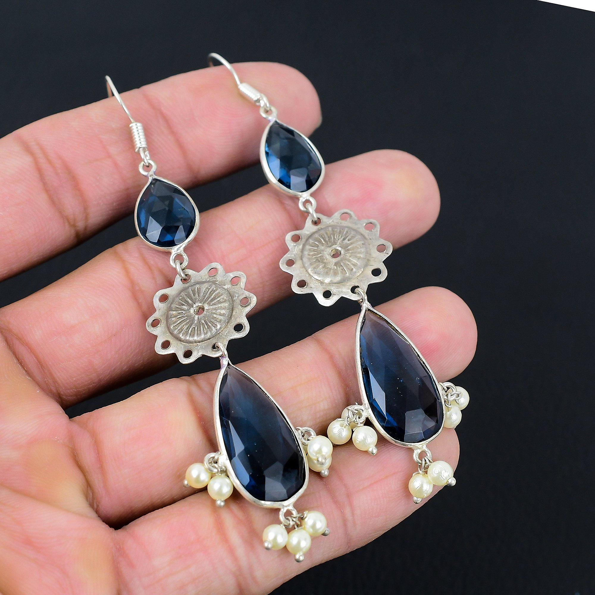 

Юбилейный подарок для нее Натуральные серьги-подвески из иолита и кварца 925 серебро