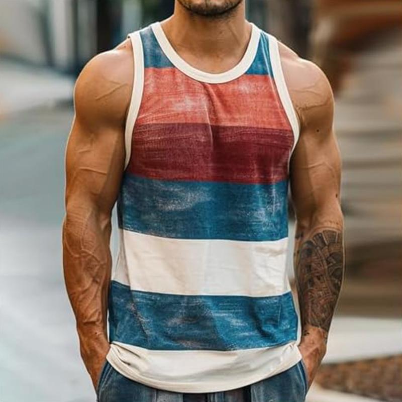 Vintage Striped Graphic Tank Tops For Men Retro Street Casual Summer Sleeveless 3D Print Vest Loose O Neck Quick Dry Sports Tops