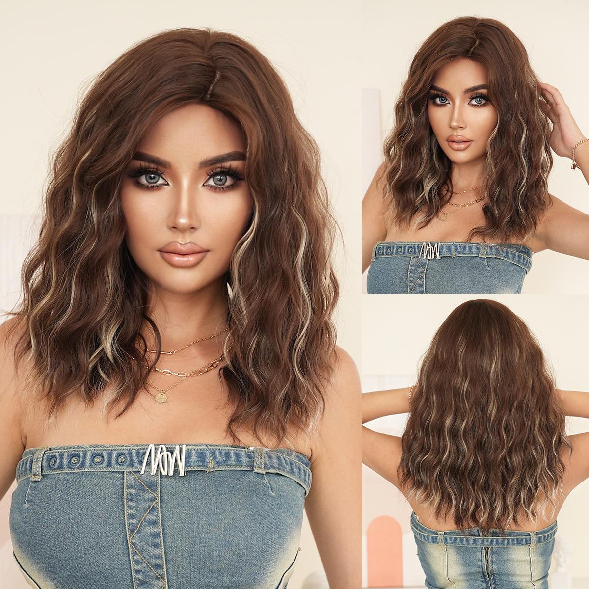 Natural Brown Women s Shoulder-Length Curly Hair Side-Parted Bangs Highlighted Blonde High-Temperature Silk Easy Use (as the picture,Standard)