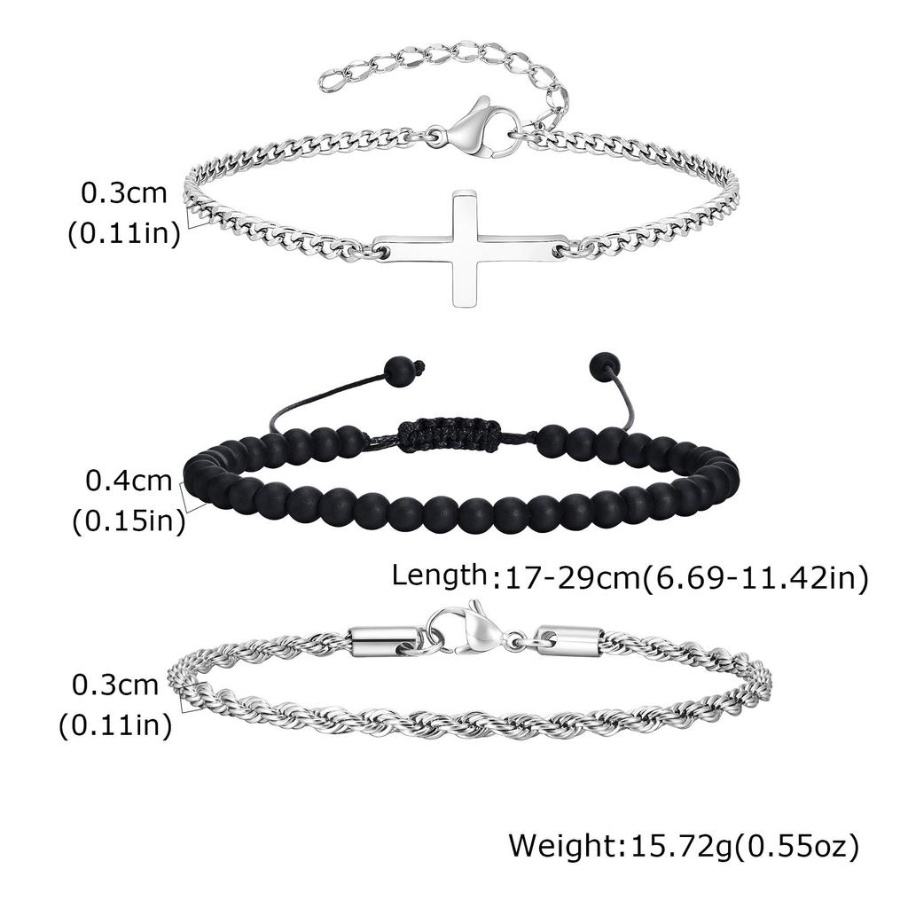 3pcs Stylsh Cross Men's Bracelet,Punk Stainless Steel Stacked Chain Link Wristband,Birthday Father's Day Gift for Him