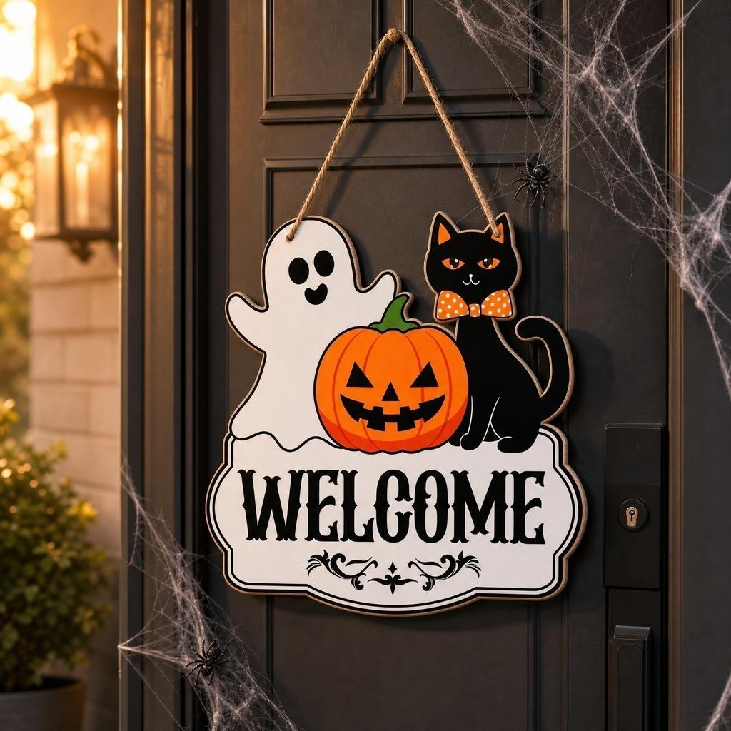 Halloween Wooden Hanging Sign Welcome Door Plaque Wall Decoration with Pumpkin Ghost Black Cat Bat Spider Web Theme for Party Home Craft