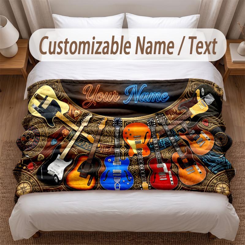 Music Guitar Theme Soft Blanket Personalized Custom Name Text Print Warm Blanket Home Sofa Bedroom Decor