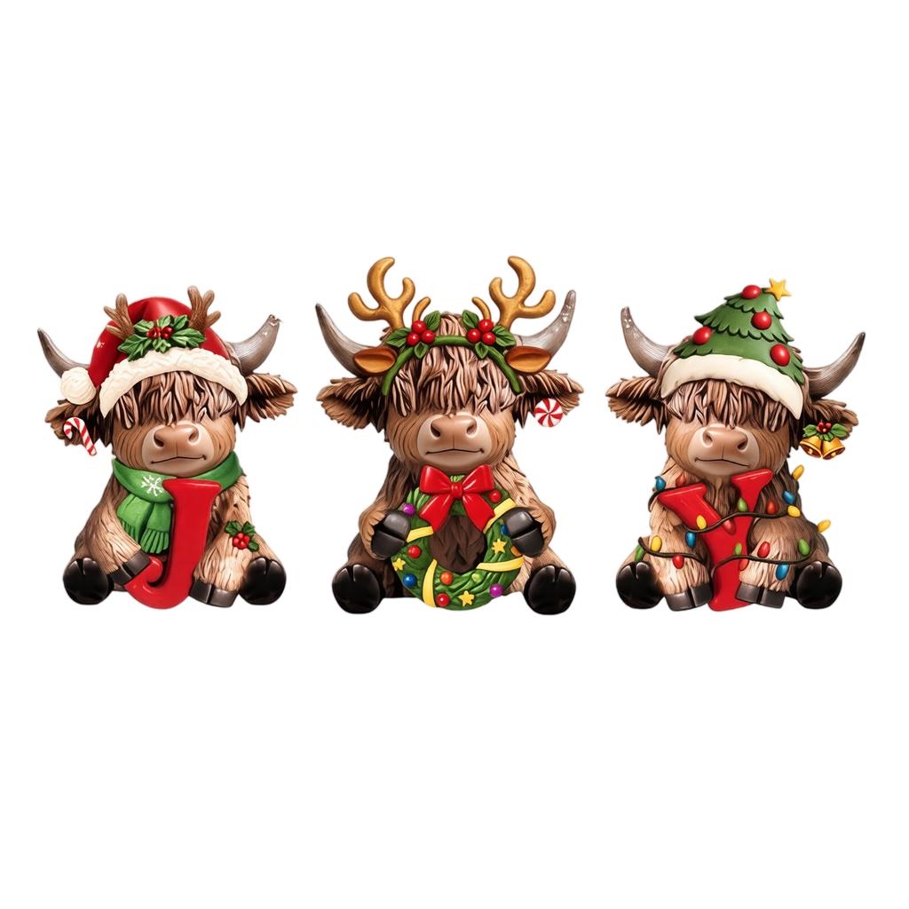 Scottish Cow Figurine 3-Piece Set, Christmas Tabletop Decoration with Design