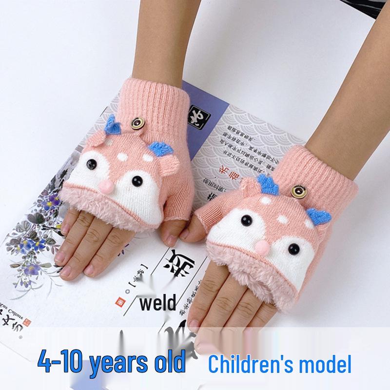 Children's Winter Cartoon Reindeer Flip-Top Half-Finger Gloves, Ages 4-10, Boys & Girls, Plus Velvet, Thick Cotton, Warm.