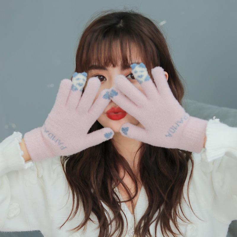 Women's Autumn Winter Split-Finger Plush Windproof & Coldproof Cute Knitted Gloves - DZ103