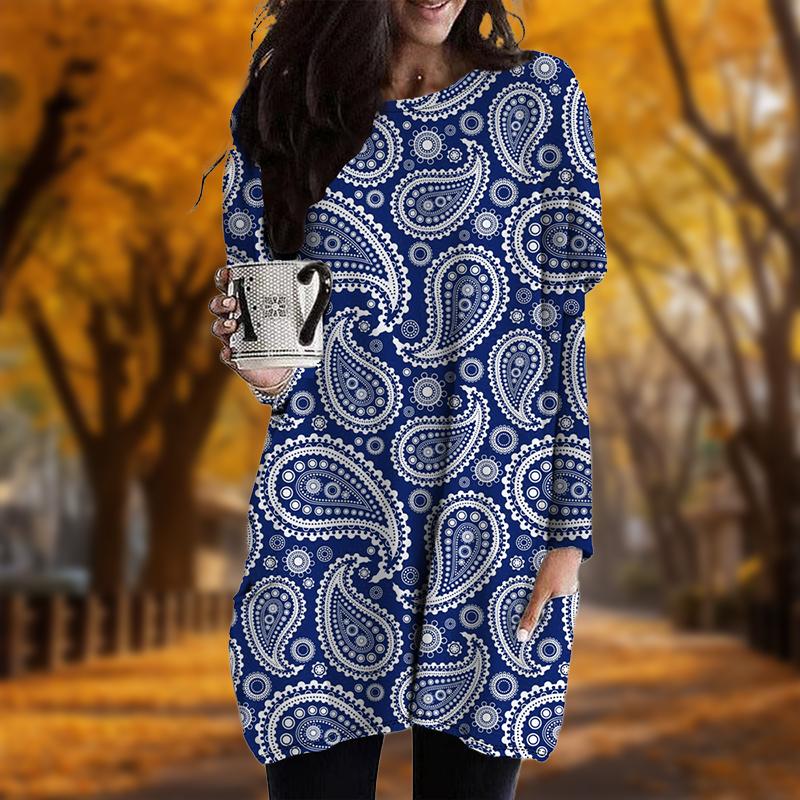 New In Autumn Water Droplets Print Plus Size Dress Women O'neck Long Sleeves Casual Pocket Dresses